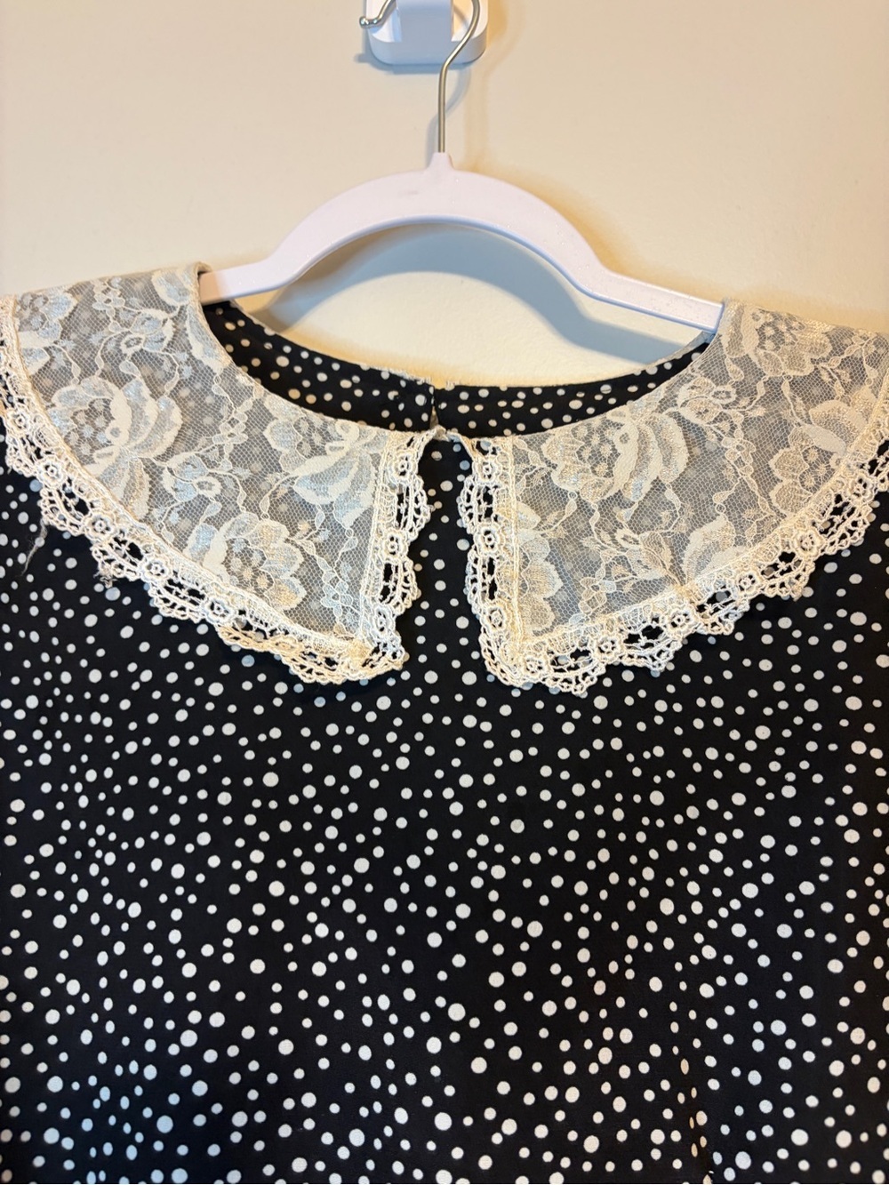 Black Polka Dot Long-Sleeve Blouse with Lace Collar - Picture 3 of 5